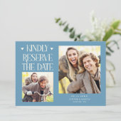 Behoud graag 2-Foto Denim Blauwe Huwelijk Save The Date (Staand voorkant)