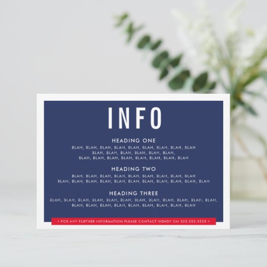 BEHUIZING DETAILS fun bold block navy blauw rood RSVP Kaartje (Staand voorkant)
