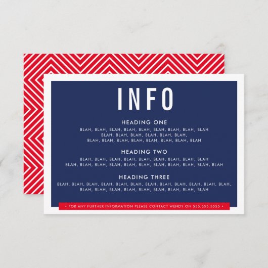 BEHUIZING DETAILS fun bold block navy blauw rood RSVP Kaartje (Voorkant / Achterkant)