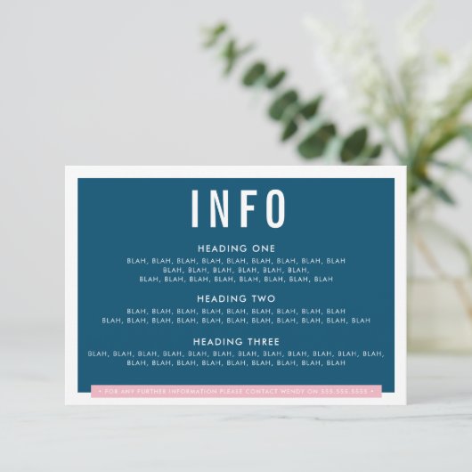 BEHUIZING DETAILS fun bold block navy blauw roze RSVP Kaartje (Staand voorkant)