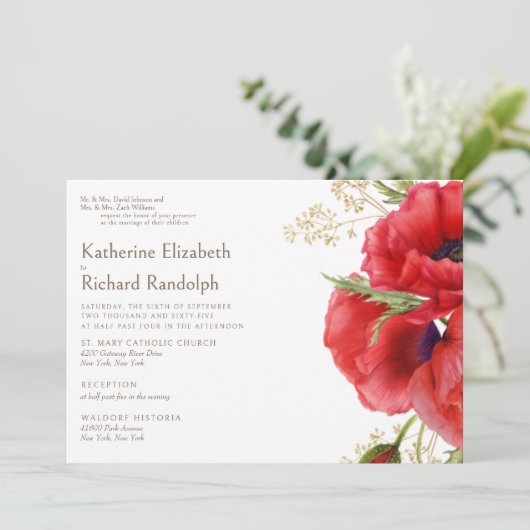 Beide Ouder Rood Bloemen 2 Zalen Wit Bruiloft Kaart (Staand voorkant)