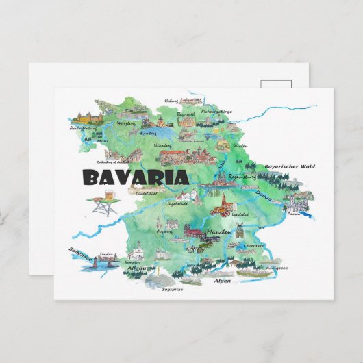 Beieren, Duitsland, geïllustreerd reizen Briefkaart (Voorkant / Achterkant)