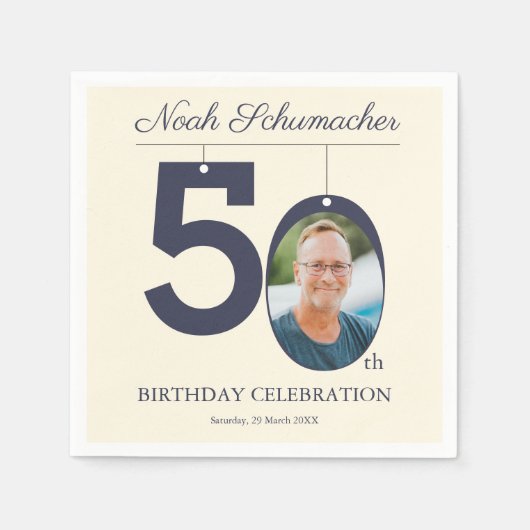Beige  50ste Verjaardag Custom Photo Napkin Servet (Voorkant)