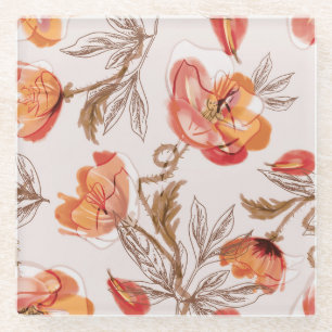 Beige achtergrond Poppies Waterverf Patroon Glazen Onderzetter