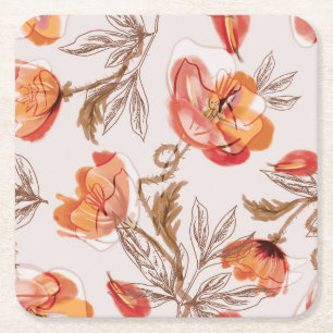 Beige achtergrond Poppies Waterverf Patroon Kartonnen Onderzetters