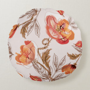 Beige achtergrond Poppies Waterverf Patroon Rond Kussen