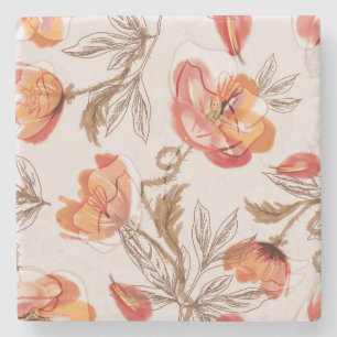 Beige achtergrond Poppies Waterverf Patroon Stenen Onderzetter