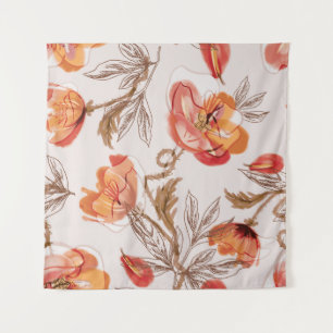 Beige achtergrond Poppies Waterverf Patroon Wandkleed