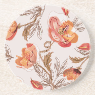 Beige achtergrond Poppies Waterverf Patroon Zandsteen Onderzetter