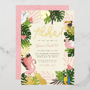 Beige Aloha Hawaï Tropisch Gouden Verjaardagsfee Folie Uitnodiging