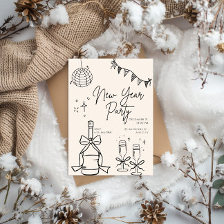 Beige and Black Doodle Simple New Year's Eve Party Kaart