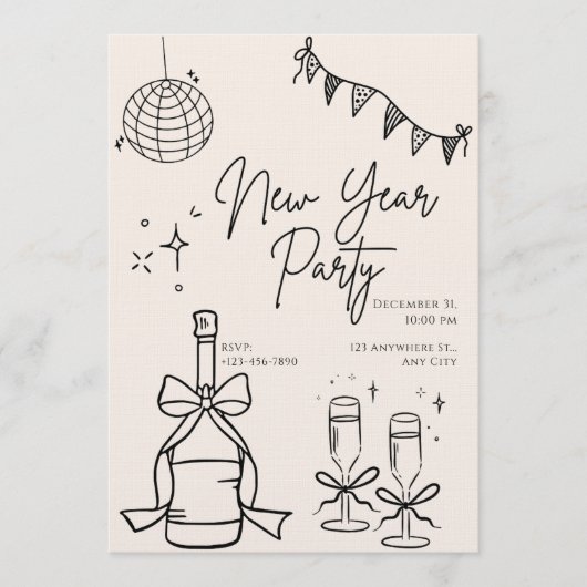 Beige and Black Doodle Simple New Year's Eve Party Kaart (Voorkant)