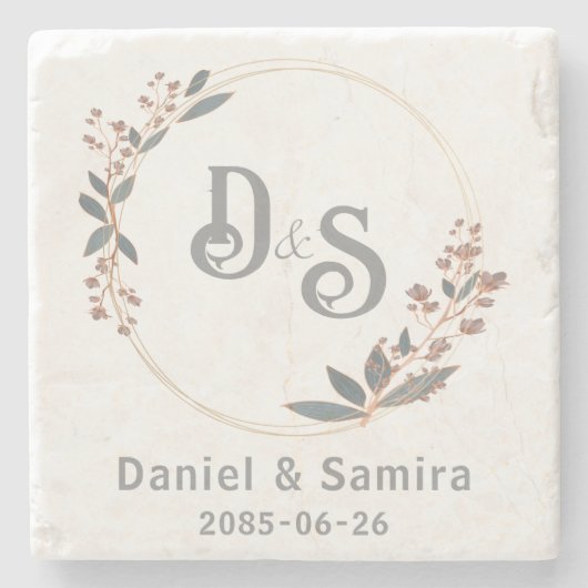Beige and Blue Floral Custom Name Elegant Stenen Onderzetter (Voorkant)