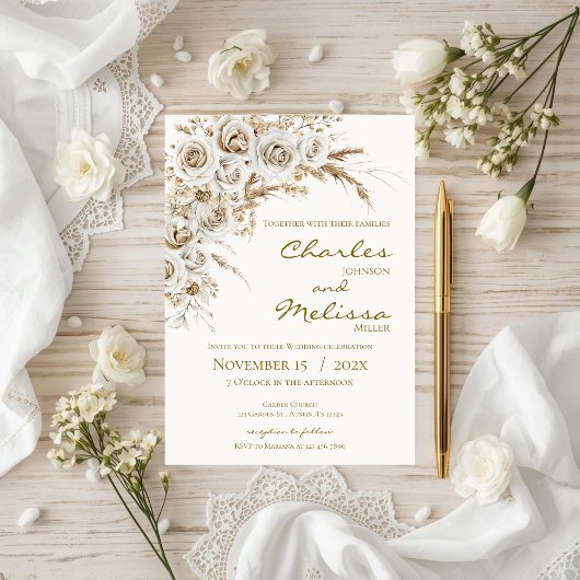 Beige and Boho Flowers Wedding Invitation Kaart