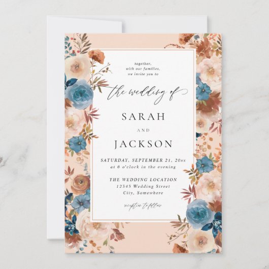 Beige and Dusty Blue Floral Wedding S2 Kaart (Voorkant)