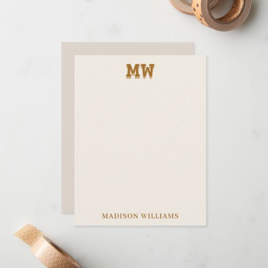 Beige and Gold Retro Typography Monogram Initial Notitiekaartje (Voorkant / Achterkant in situ)
