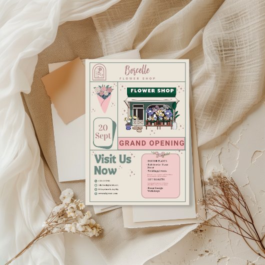 Beige and Green Elegant Flower Shop Opening Card Kaart