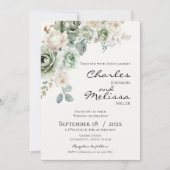 Beige and green Flowers Wedding Invitation Kaart (Voorkant)