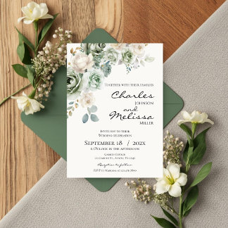 Beige and green Flowers Wedding Invitation Kaart