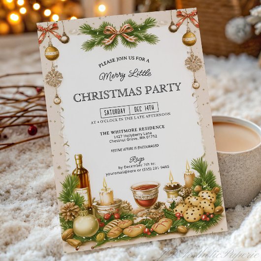 Beige and Pine Greenery Ribbon Christmas Party Kaart