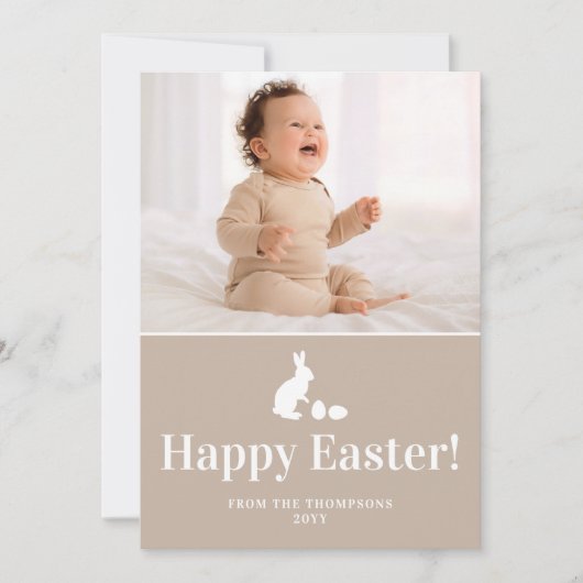 Beige And White Bunny With Custom Photo Easter Kaart (Voorkant)