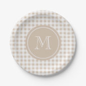 Beige and White Gingham, Jouw Monogram Papieren Bordje (Voorkant)