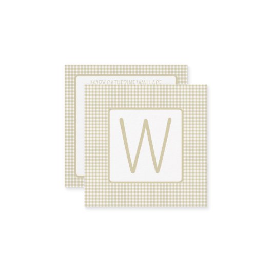 Beige and White Gingham Plaid Monogram Notitiekaartje (Voorkant / Achterkant in situ)