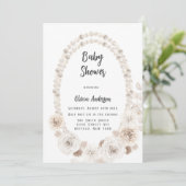 Beige and White Pearls and Florals Baby shower Inv Kaart (Staand voorkant)