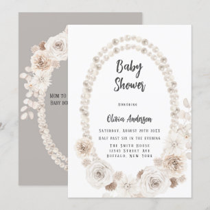 Beige and White Pearls and Florals Baby shower Inv Kaart