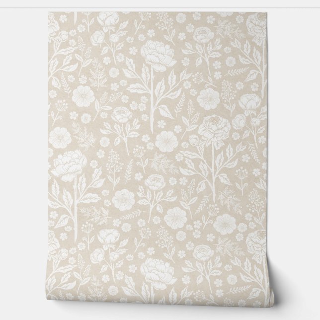 Beige and White Peonies Hand-Drawn Florals Behang (Afrollen)