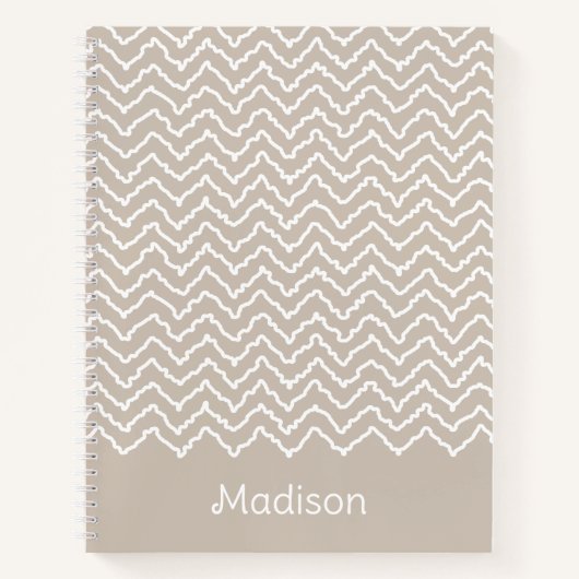 Beige And White Squiggly Chevron Zigzag With Name Notitieboek (Voorkant)