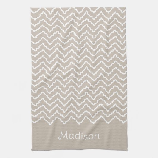 Beige And White Squiggly Chevron Zigzag With Name Theedoek (Verticaal)