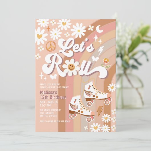 Beige ANY AGE Let's Roll Retro Groovy Verjaardag Kaart (Staand voorkant)