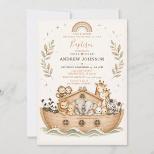 Beige Aquarel Noach's Ark Doop Uitnodiging