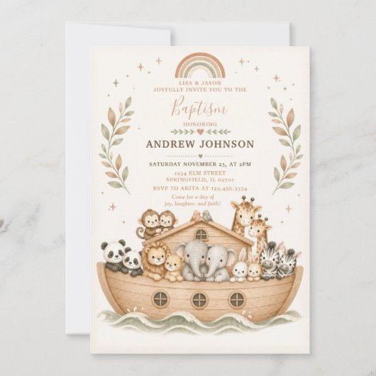 Beige Aquarel Noach's Ark Doop Uitnodiging (Voorkant)