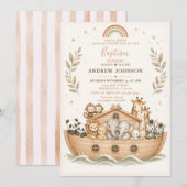Beige Aquarel Noach's Ark Doop Uitnodiging (Voorkant / Achterkant)