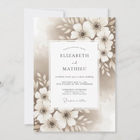 Beige Artistic Floral Flourish Wedding Kaart (Voorkant)