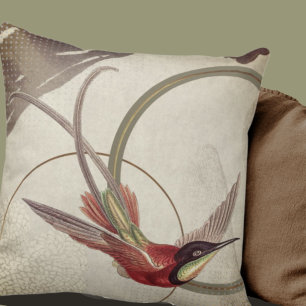 Beige Artistieke Hummingbird Design   Groen Kussen