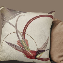 Beige Artistieke Hummingbird Design | Maroon Kussen