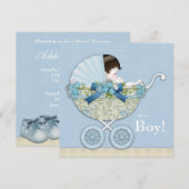 Beige Baby Blue Baby Carriage Boy Shower Kaart (Voorkant / Achterkant)