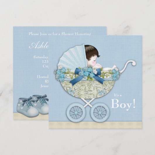 Beige Baby Blue Baby Carriage Boy Shower Kaart (Voorkant / Achterkant)