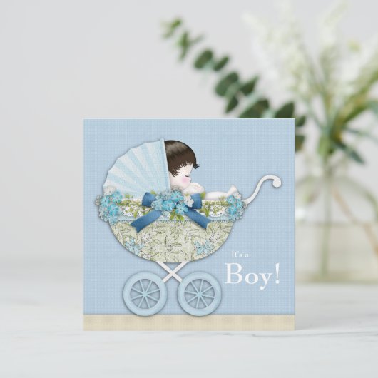Beige Baby Blue Baby Carriage Boy Shower Kaart (Staand voorkant)