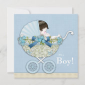 Beige Baby Blue Baby Carriage Boy Shower Kaart (Voorkant)