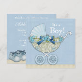 Beige Baby Blue Baby Carriage Boy Shower Kaart (Voorkant / Achterkant)
