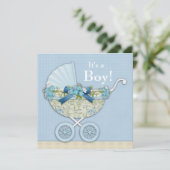 Beige Baby Blue Baby Carriage Boy Shower Kaart (Staand voorkant)