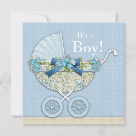 Beige Baby Blue Baby Carriage Boy Shower Kaart (Voorkant)