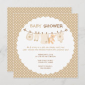 Beige Baby Clothes Line Shower Invitations Kaart (Voorkant / Achterkant)