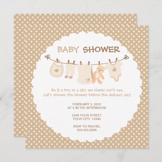 Beige Baby Clothes Line Shower Invitations Kaart (Voorkant / Achterkant)