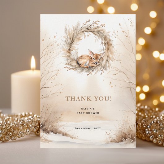 Beige Baby Herten Sneeuw Baby shower Dank u Bedankkaart