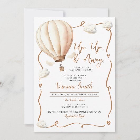 Beige Baby shower hete luchtballon, omhoog en weg Kaart (Voorkant)